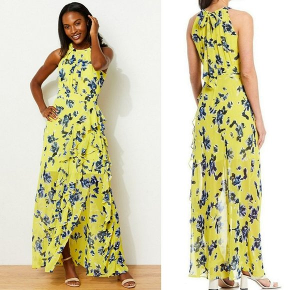 Eliza J | Dresses | Eliza J Size 6 Yellow Blue Floral Print Ruffle Halter  Maxi Thigh High Slit Dress | Poshmark